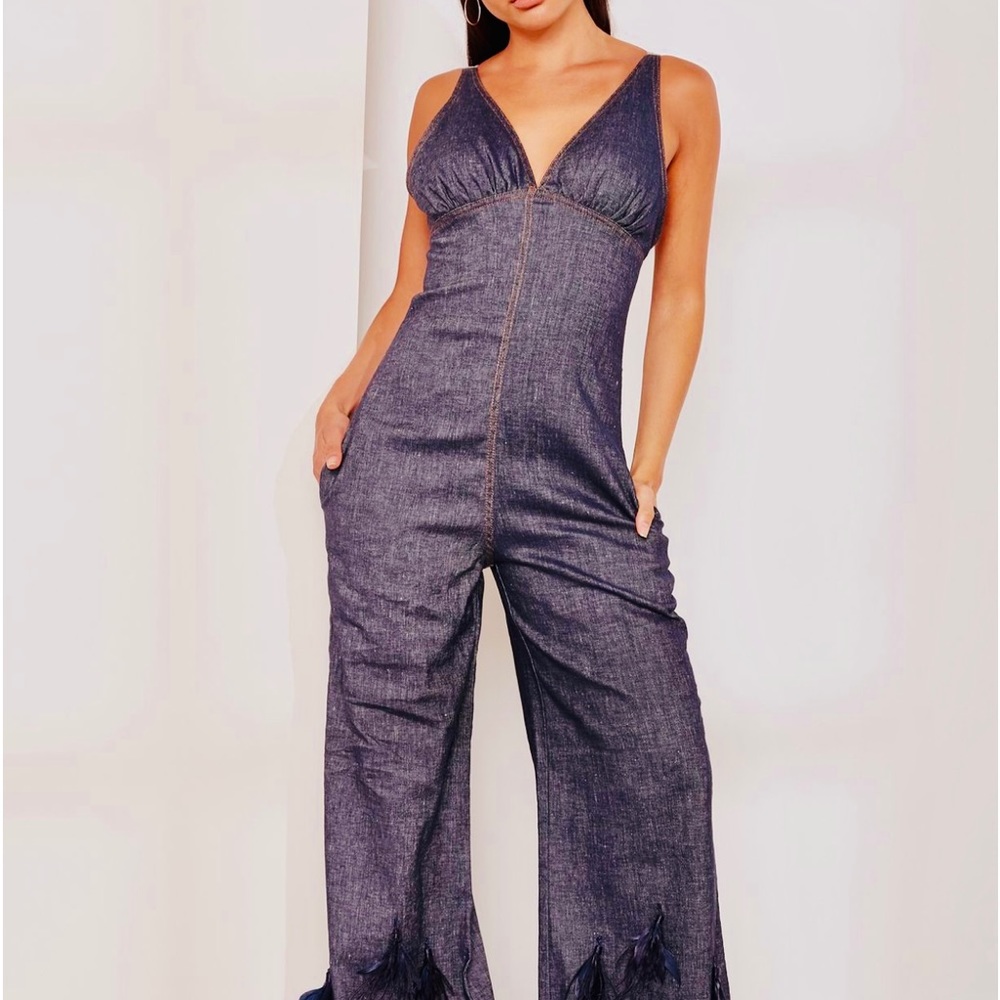 Denim Feather Detailed Flared Jumpsuit
